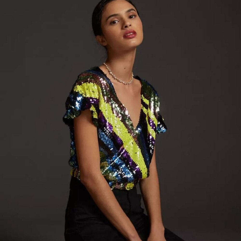 EUC Anthropolgie Rdalamal Sequined Surplice Blouse Top XS